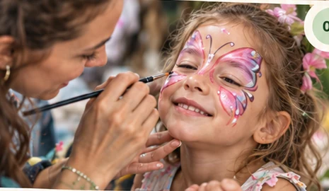 Child receiving colorful butterfly face painting